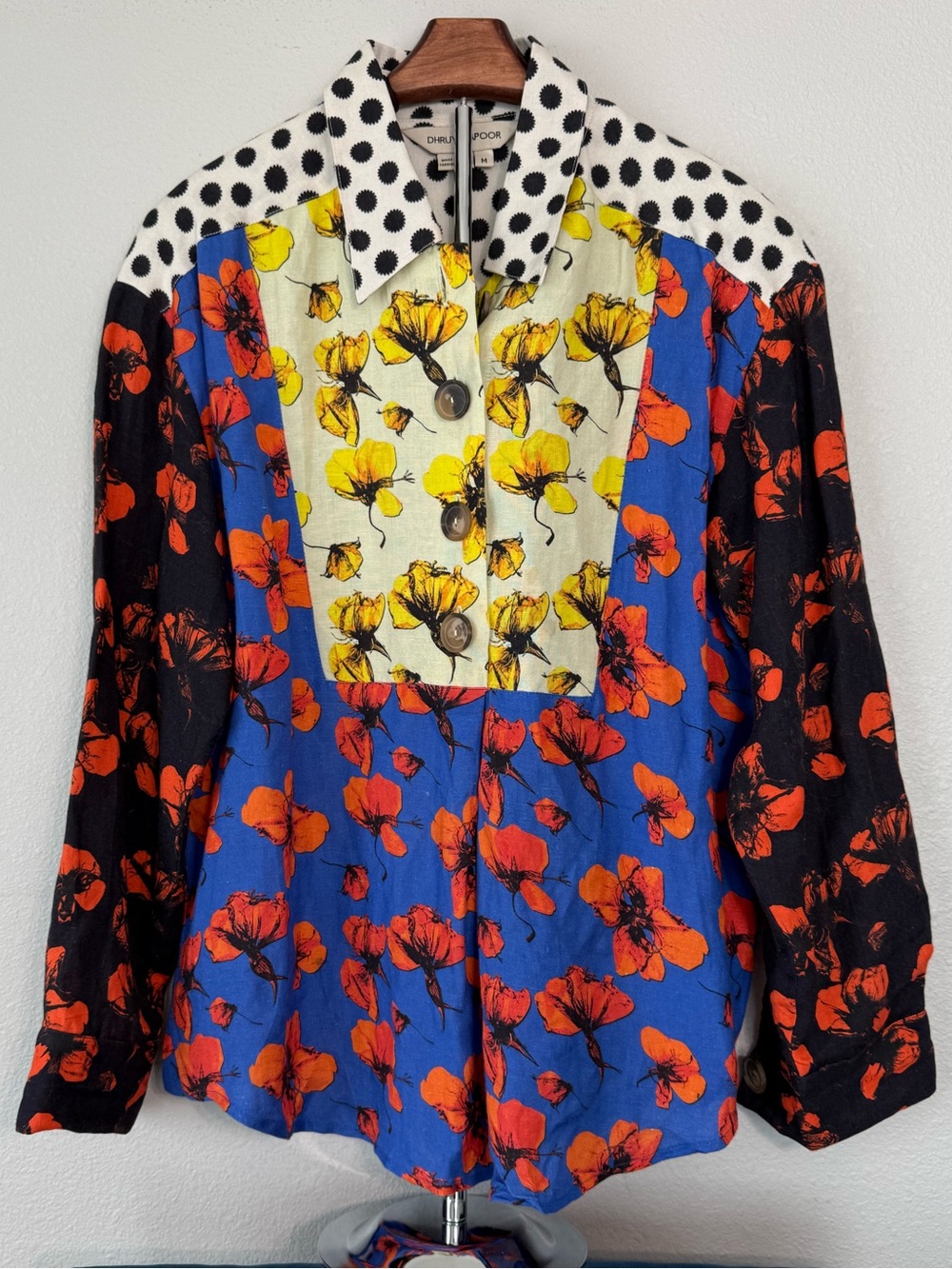 Anthropologie Dhruv Kapoor Coralia Floral Linen Blend Patchwork Shirt Size M - Picture 9 of 13